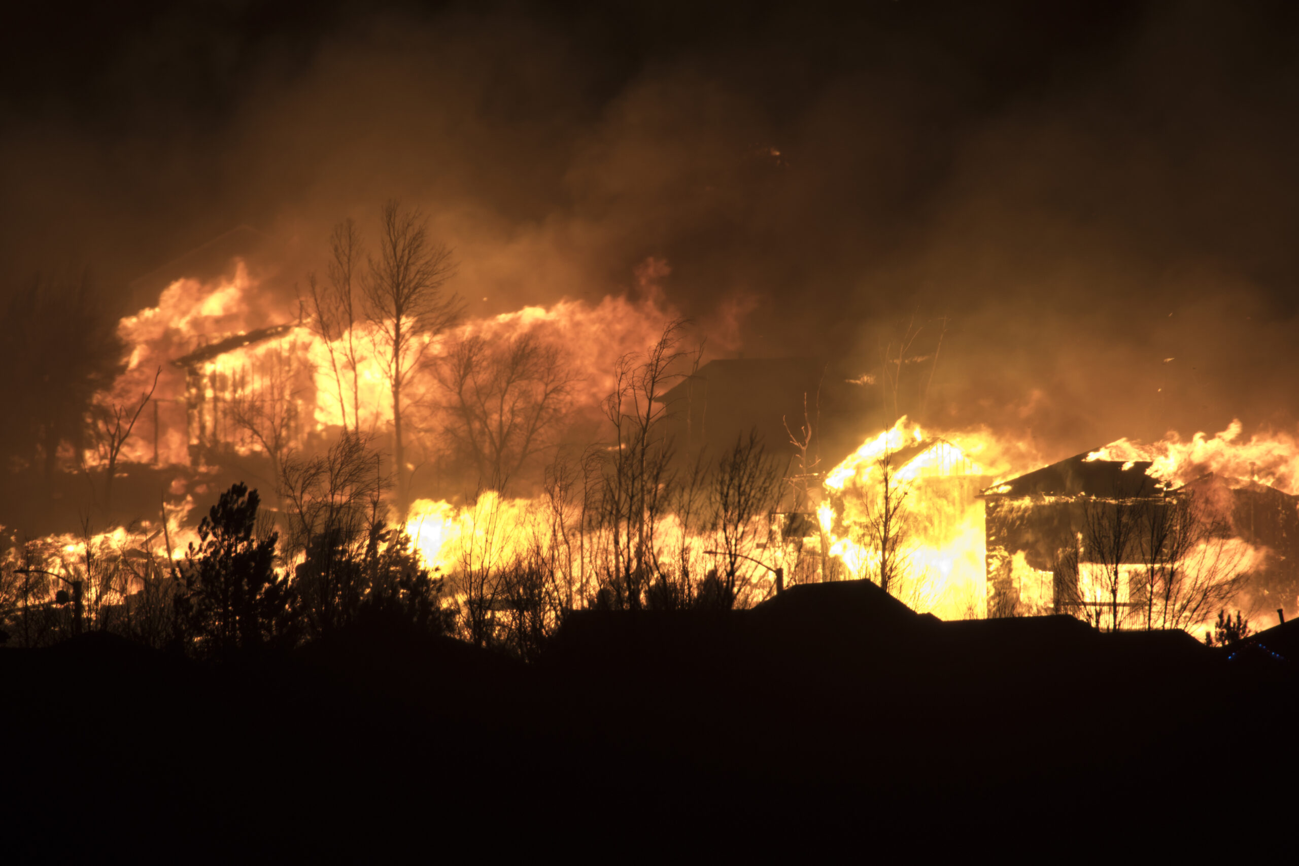 image of trees and homes on fire for wildfire damages blog post