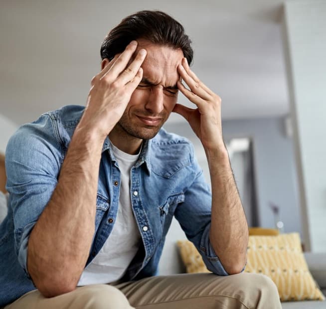 man sitting on a couch, wearing a denim shirt and beige pants. He have his hands on his head, suggesting deep thought or stress