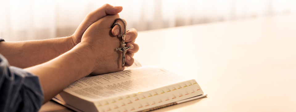 Male folded hand prayed on holy bible book.
