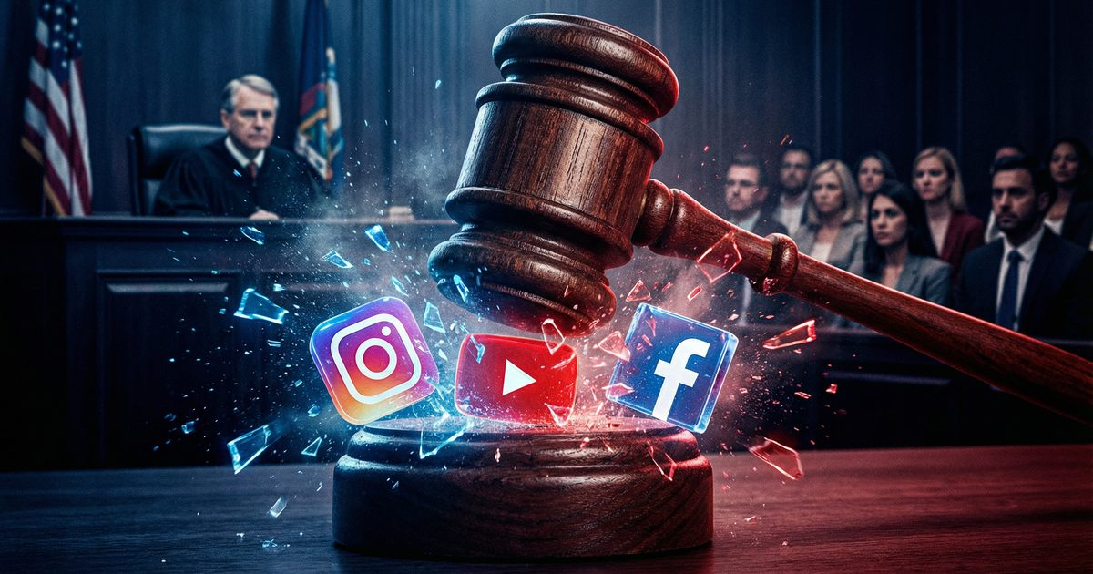 wooden gavel smashing social media logos