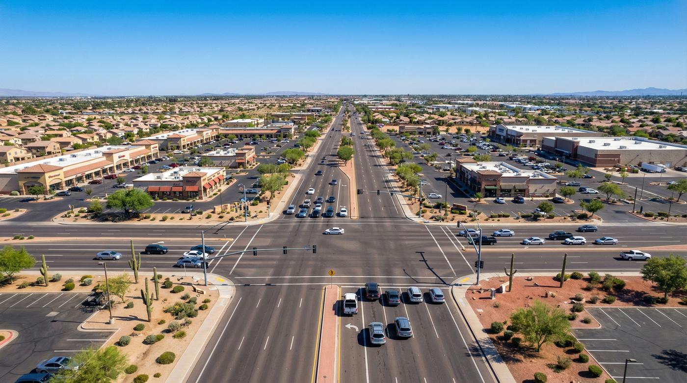 Aerial view of a dangerous intersection in Avondale, AZ