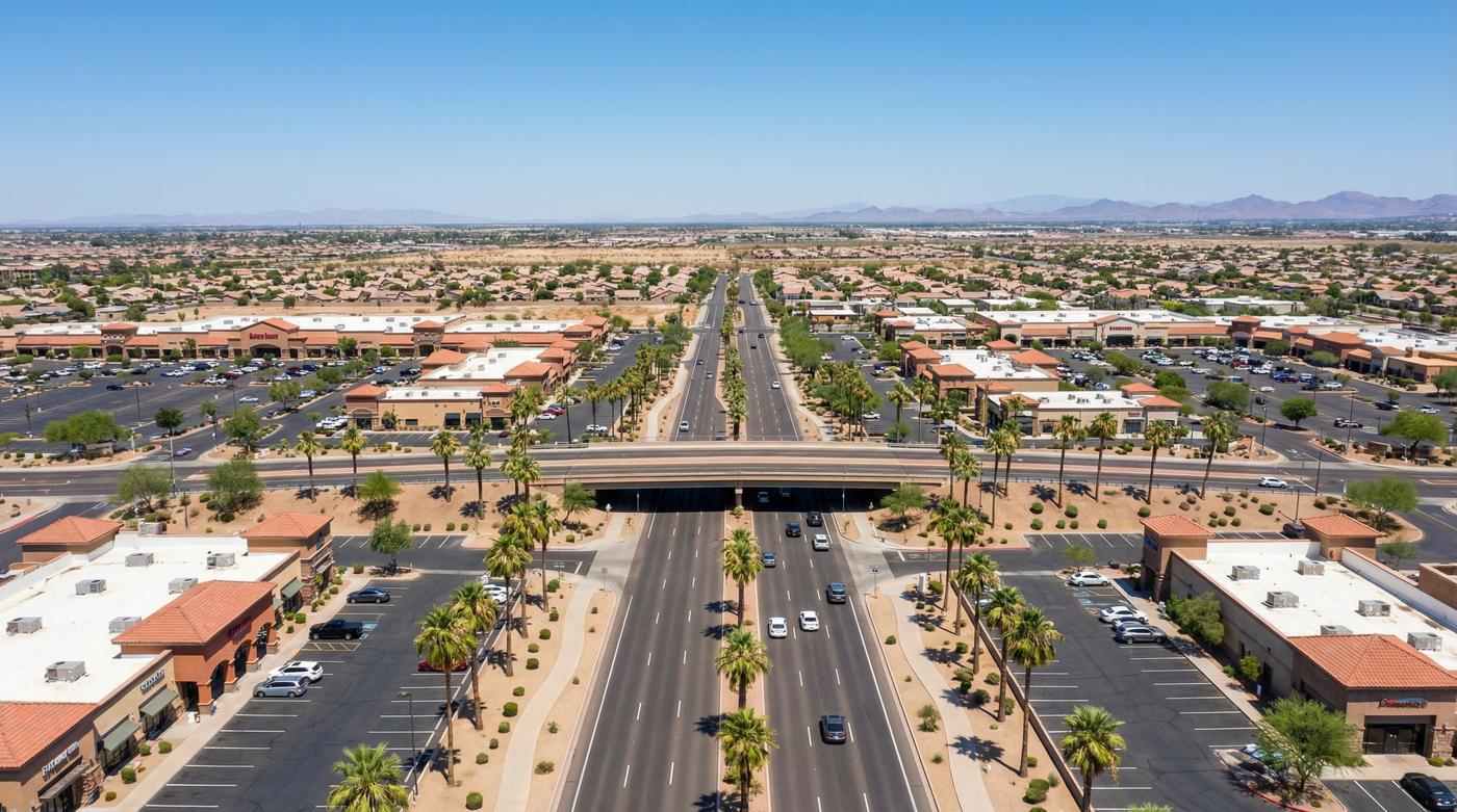 Aerial view of a dangerous intersection in Mesa, AZ