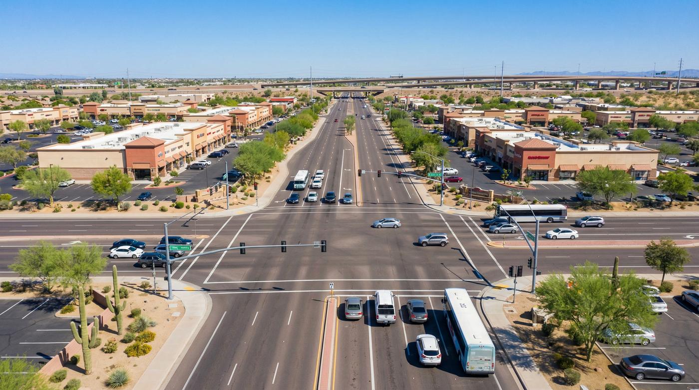 Aerial view of a dangerous intersection in Peoria, AZ near Loop 101