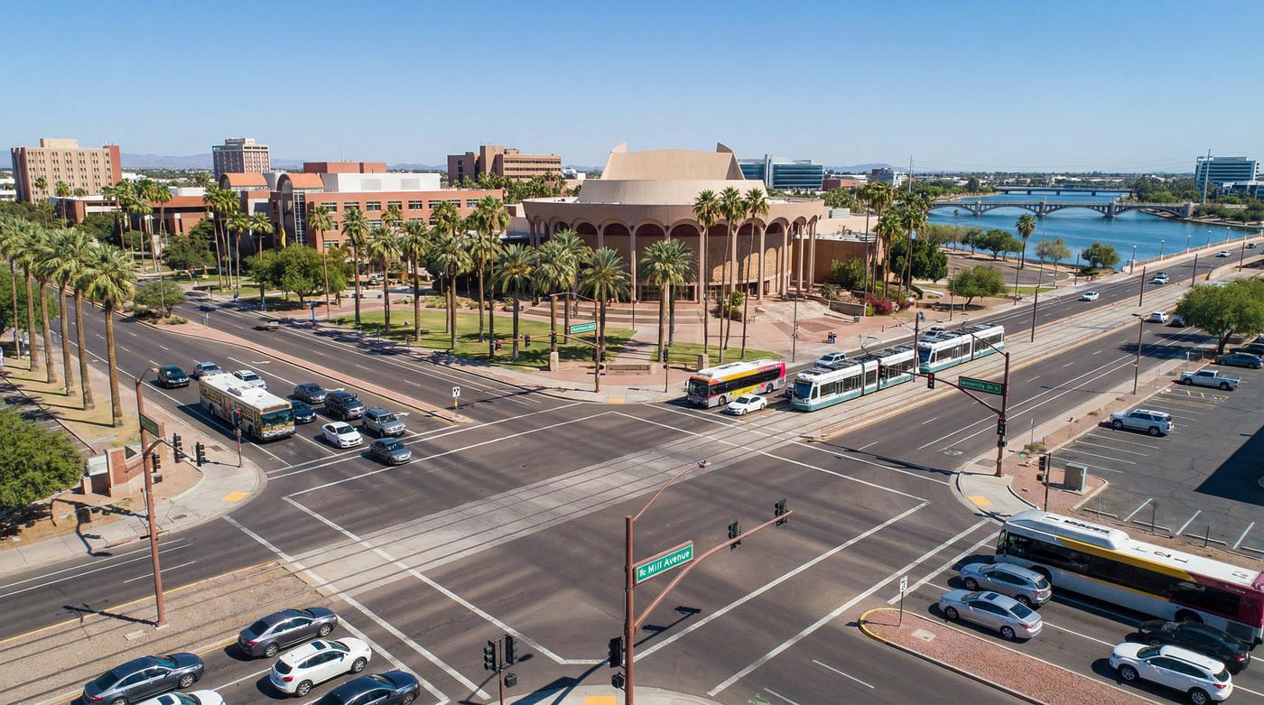 Aerial view of a dangerous intersection near ASU campus in Tempe, AZ