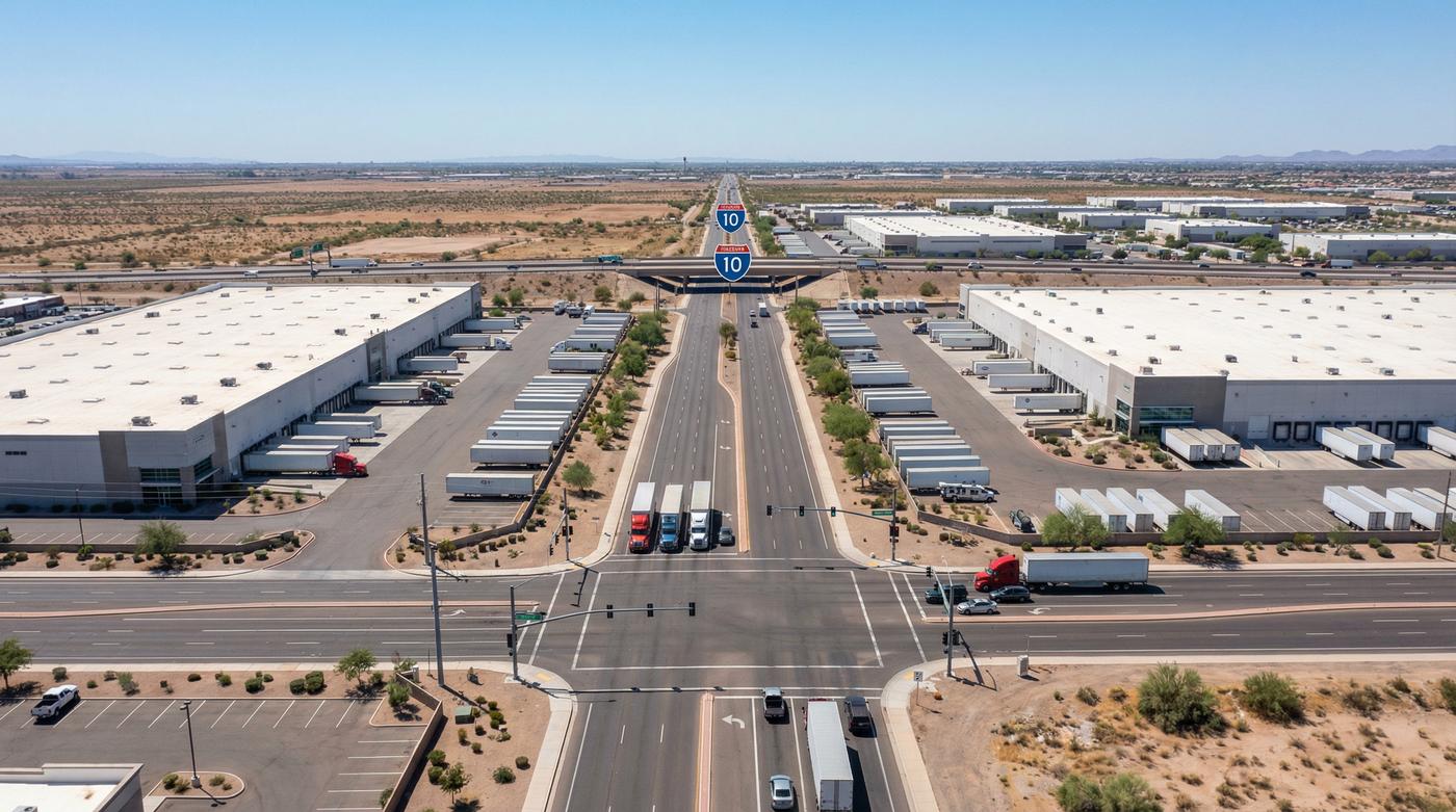 Aerial view of industrial intersection with semi trucks in Tolleson, AZ near I-10