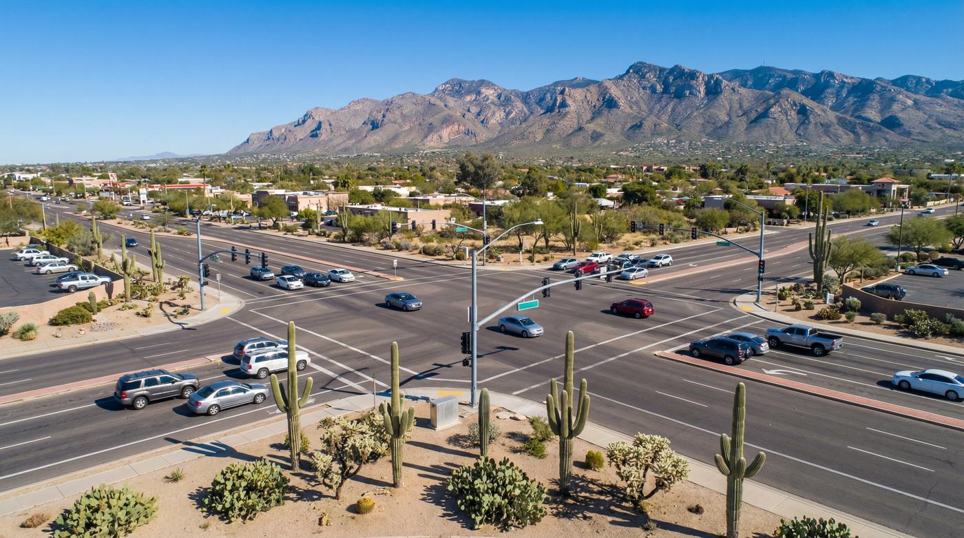 Aerial view of a dangerous intersection in Tucson, AZ with Santa Catalina Mountains