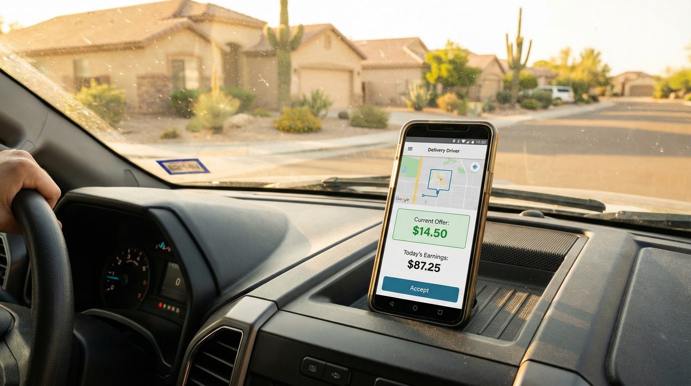 Delivery driver app showing earnings offer on smartphone dashboard in Arizona neighborhood
