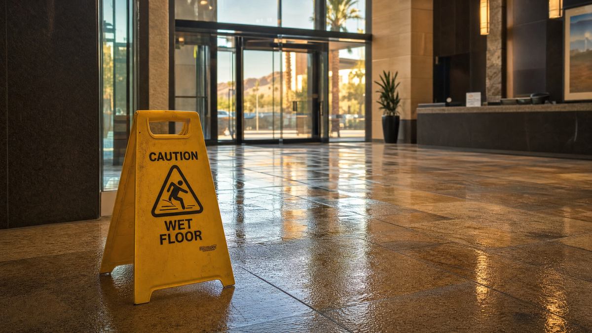 Wet floor caution sign in Phoenix commercial building lobby
