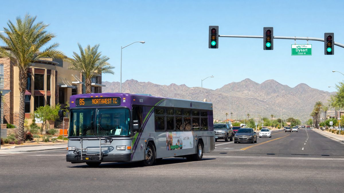 Public transit bus at intersection in Avondale Arizona