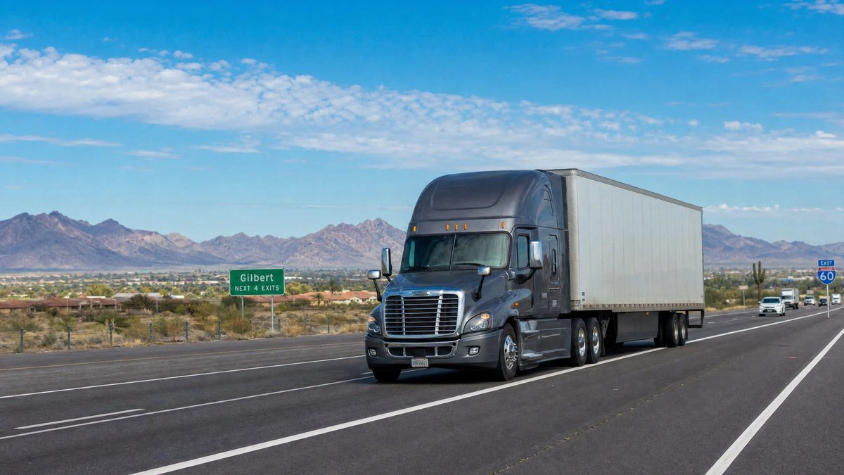 Commercial semi-truck driving on Arizona highway near Gilbert