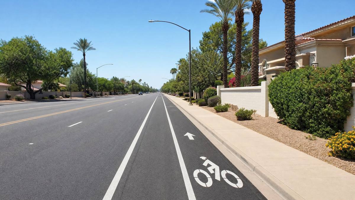 Empty bicycle lane on sunny suburban road in Chandler Arizona