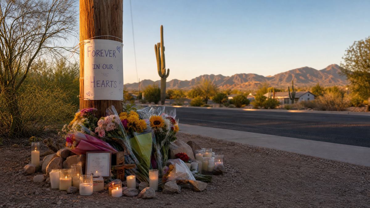 Solemn roadside memorial with flowers in Arizona desert community