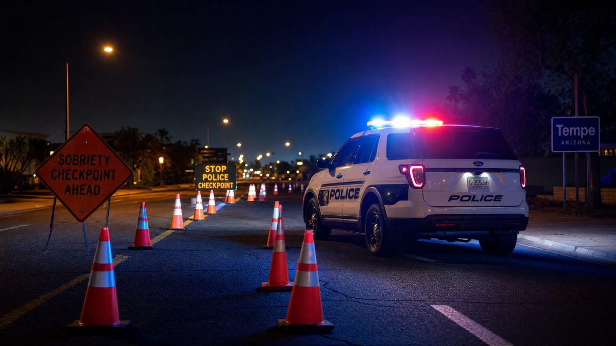 Police cruiser with flashing lights at nighttime sobriety checkpoint in Tempe