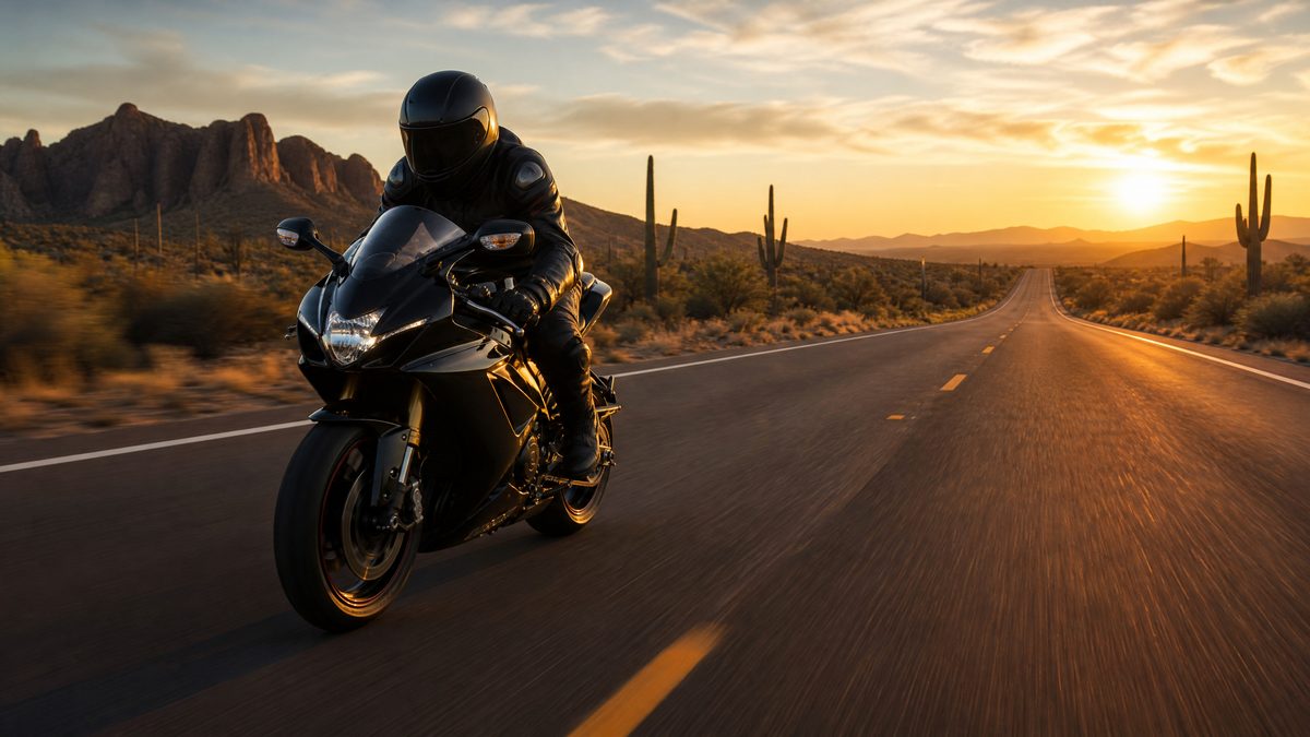 Motorcyclist riding on an Arizona desert highway at sunset, representing HB2109 motorcycle safety legislation