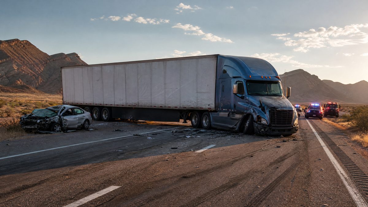 Commercial semi-truck jackknifed on Arizona desert highway with police vehicles at scene