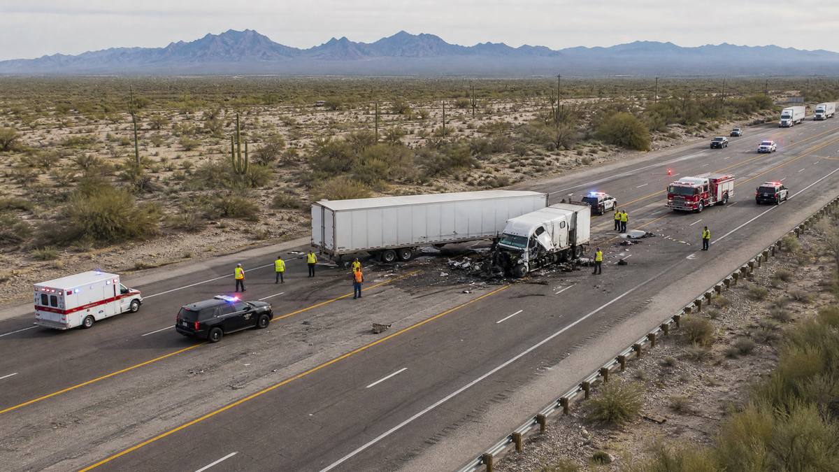 Aerial view of commercial truck accident scene on Arizona interstate with emergency responders