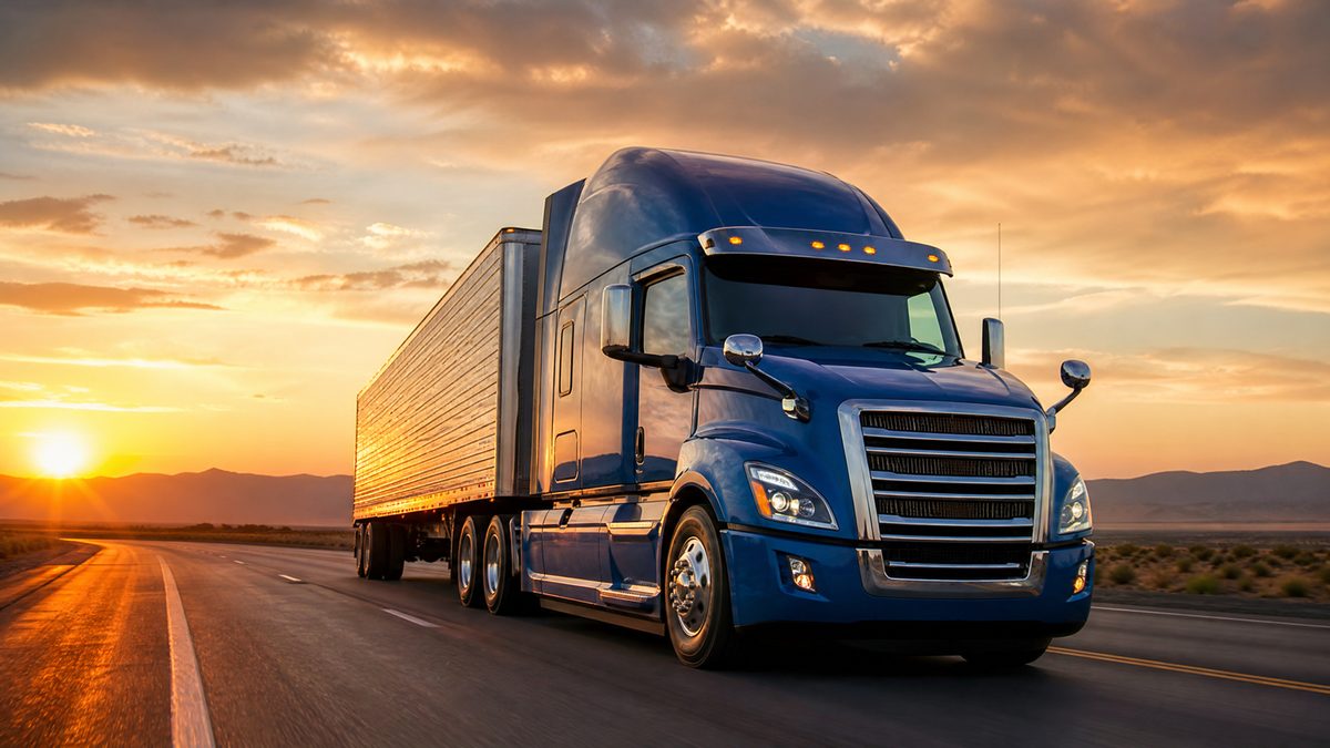 Large commercial semi-truck driving on Arizona highway at sunset representing million dollar insurance coverage