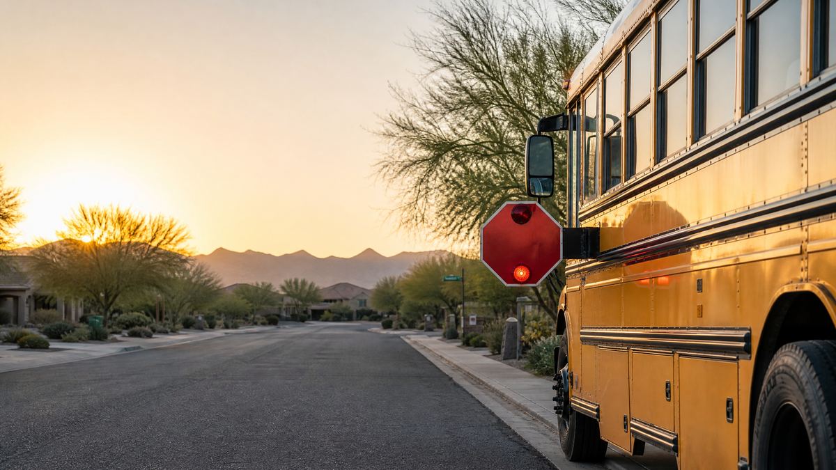 Yellow school bus stopped safely on an Arizona residential street at sunrise