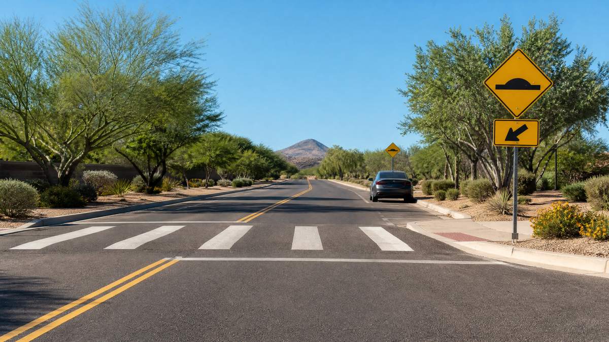 Arizona neighborhood street near a school zone with child pedestrian safety signs