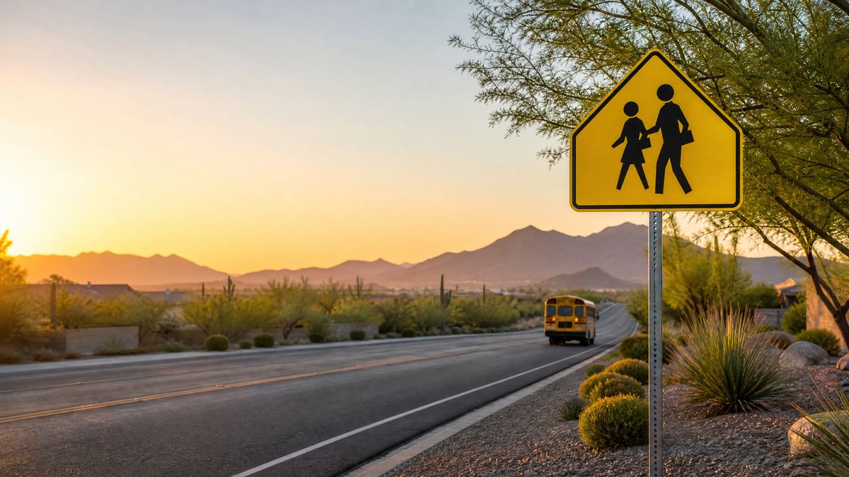 Arizona school zone with a yellow pedestrian crossing sign and school bus at sunrise