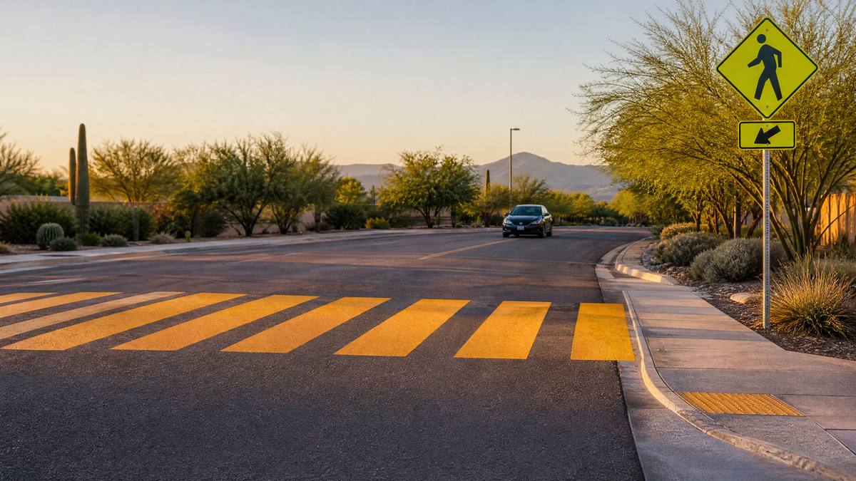 Arizona school crossing sign and yellow crosswalk markings during the back-to-school season