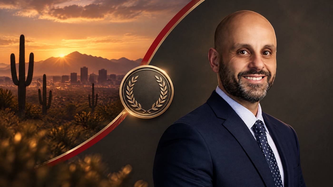 Editorial recognition illustration of Nasser Abujbarah with a refined peer-review medallion motif and Phoenix desert twilight silhouette
