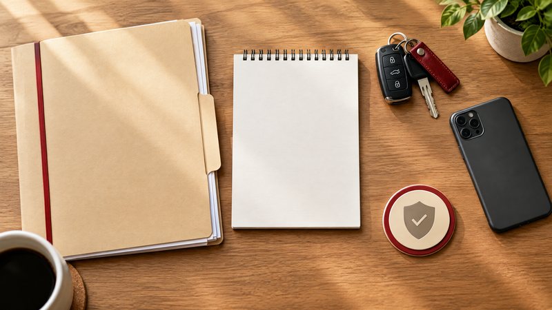 Bright flat-lay of an accident evidence folder, phone, keys, and a neutral evaluation badge, with no logos or readable text.