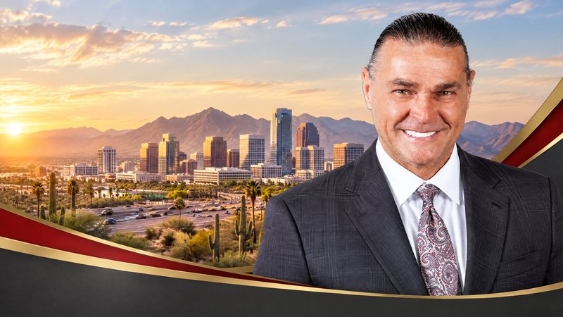 Phoenix skyline with an abstract car silhouette and a gold selection ribbon motif representing car-accident legal research