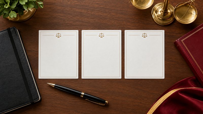 Clean decision-making desk flat-lay with three equal evaluation cards, a legal notebook, and a warm red and gold palette, with no readable text