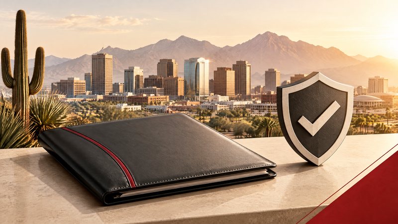 Bright Phoenix civic skyline with a subtle quality-check shield and document portfolio, with no people and no readable text