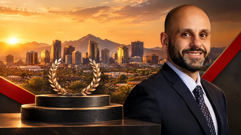 Elegant firm-level recognition graphic: Phoenix skyline, a refined two-tier architectural plinth, a peer-review laurel and warm red accents, no people, no readable text.