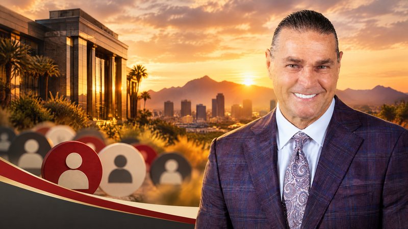 Arizona community recognition graphic with a Valley sunset, abstract audience-vote tokens, and an elegant large-law-firm courthouse silhouette; no readable text.