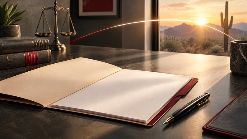 Open case file and pen beside a neutral five-to-nine-year career arc motif, representing a careful attorney-selection review after an injury.