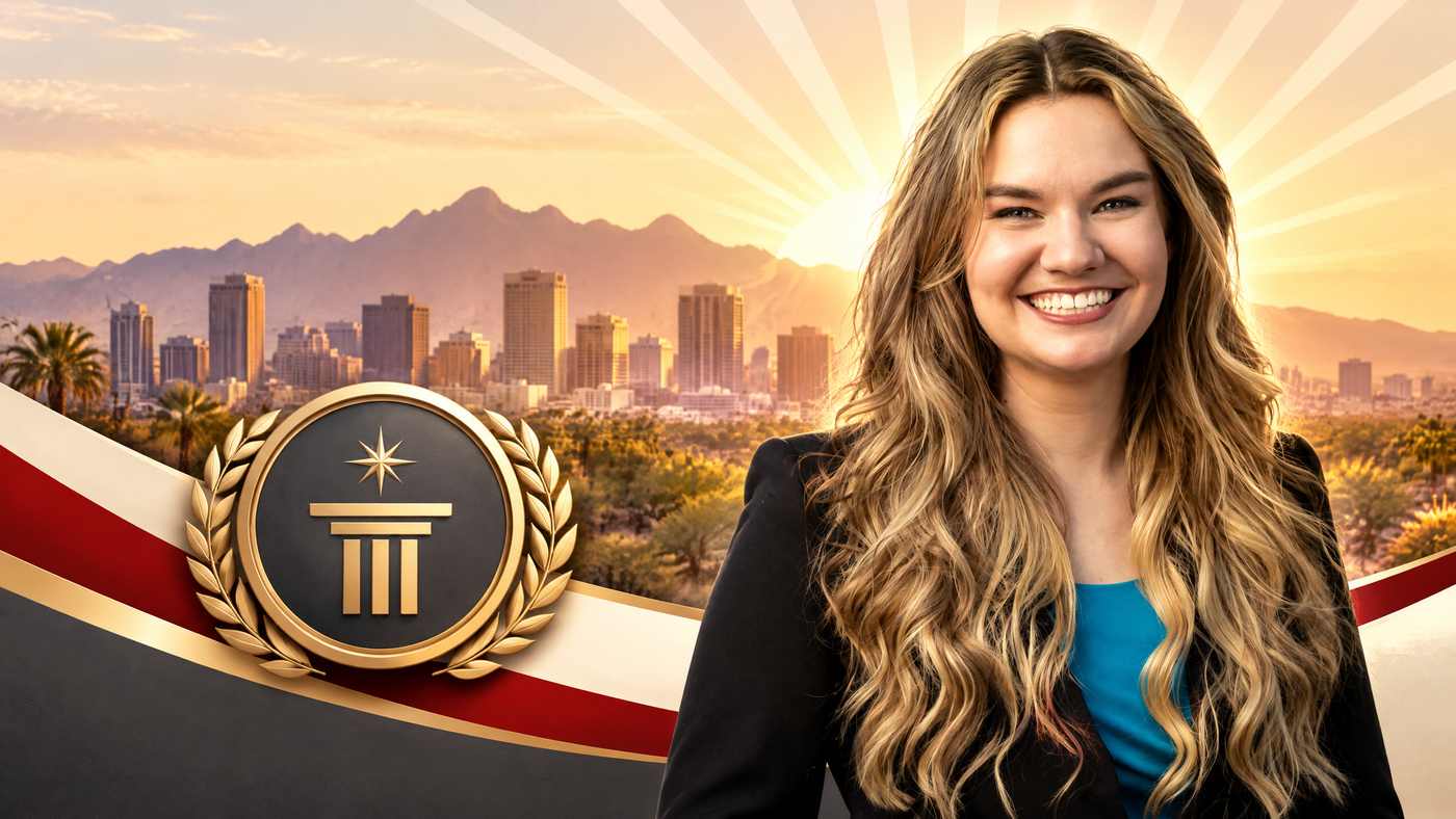 Maria Raciti reference portrait in a bright Phoenix early-career excellence editorial with rising sunrise lines and a refined peer-recognition medallion, with no readable text.
