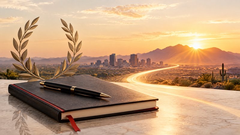Legal notebook beside a Phoenix sunrise with an upward path and understated laurel, representing early-career professional development in personal injury law.