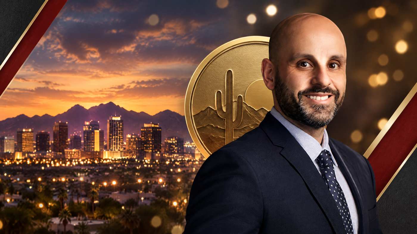 Nasser Abujbarah in an Arizona business-law recognition graphic with one hundred subtle light points and a gold editorial medallion