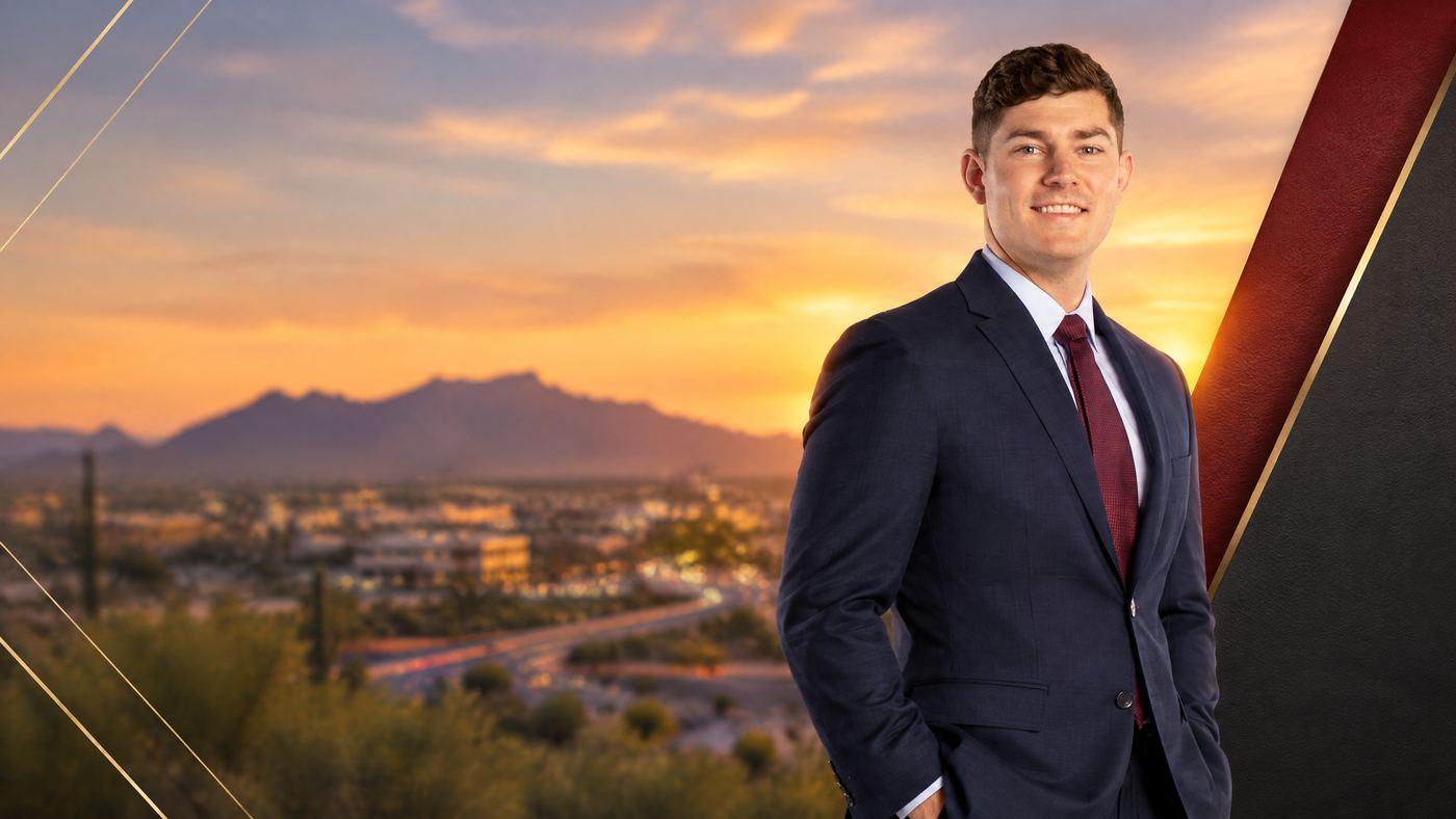 Phillips Law Group attorney Aaron Sherrell in an editorial Mesa, Arizona auto accident settlement graphic.