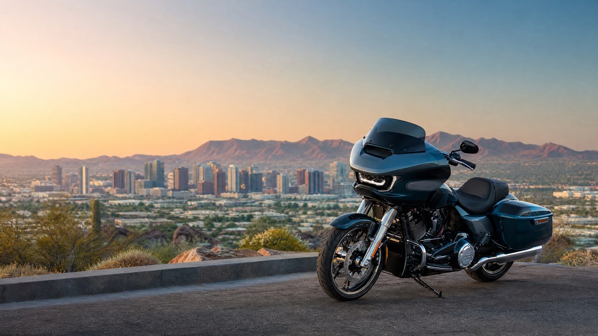 Phoenix motorcycle with downtown skyline for Phillips Law Group 2026 Expertise.com recognition