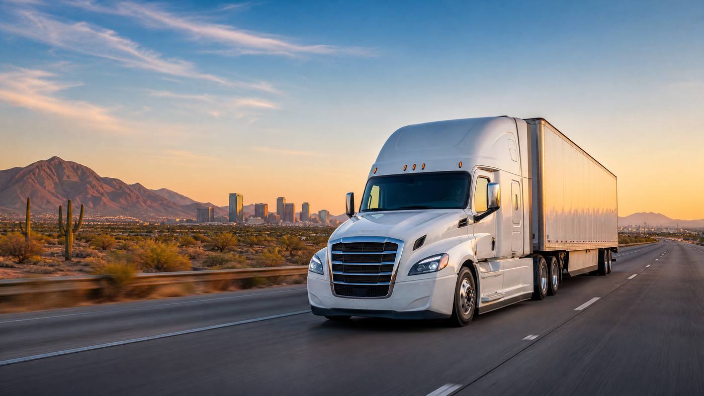 Commercial semi-truck traveling through Phoenix for Phillips Law Group 2026 Expertise.com recognition