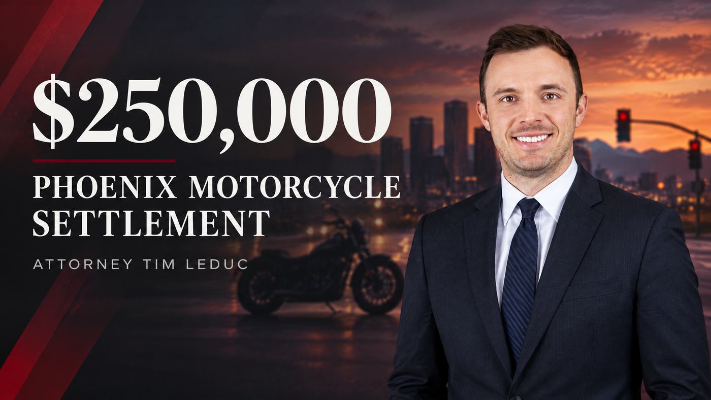Original settlement graphic recognizing Tim LeDuc's $250,000 Phoenix motorcycle collision settlement.