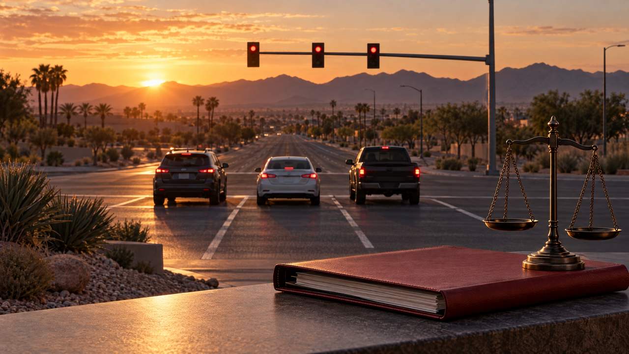 Abstract Goodyear auto accident settlement graphic with a red-light intersection, stopped vehicles, case folder, and balance motif.