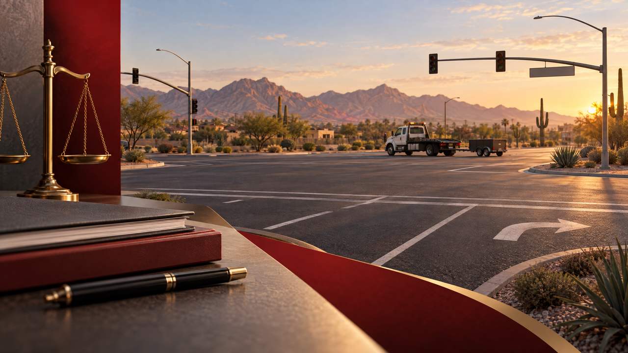 Abstract Surprise tow-truck and trailer intersection graphic with desert roadway geometry and a legal case-file motif.