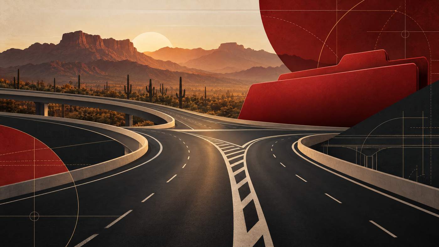 Abstract Mesa auto accident settlement graphic with highway merge patterns, desert terrain, and red document-folder shapes.