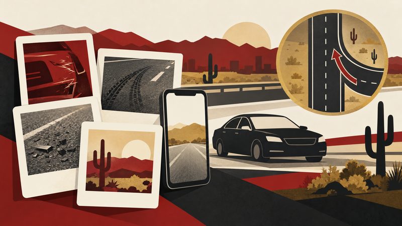 Abstract Mesa collision-evidence organizer graphic with record-card panels, a phone, a vehicle silhouette, and highway-merge lines.
