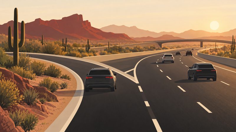 Abstract Mesa highway merge graphic with clear traffic lanes, vehicle silhouettes, and Sonoran desert terrain.