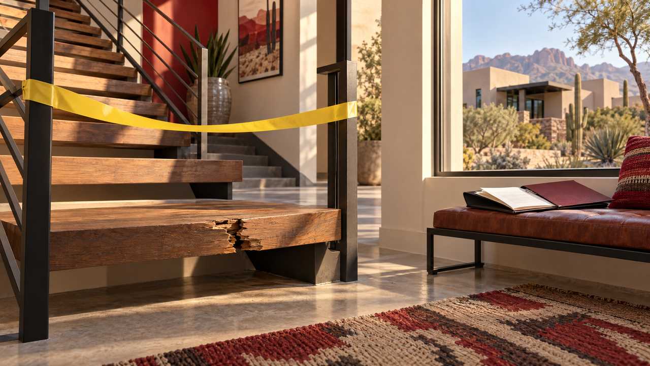 Sunlit Chandler short-term-rental stairway with a damaged tread, case folder, and dignified premises-liability editorial composition.