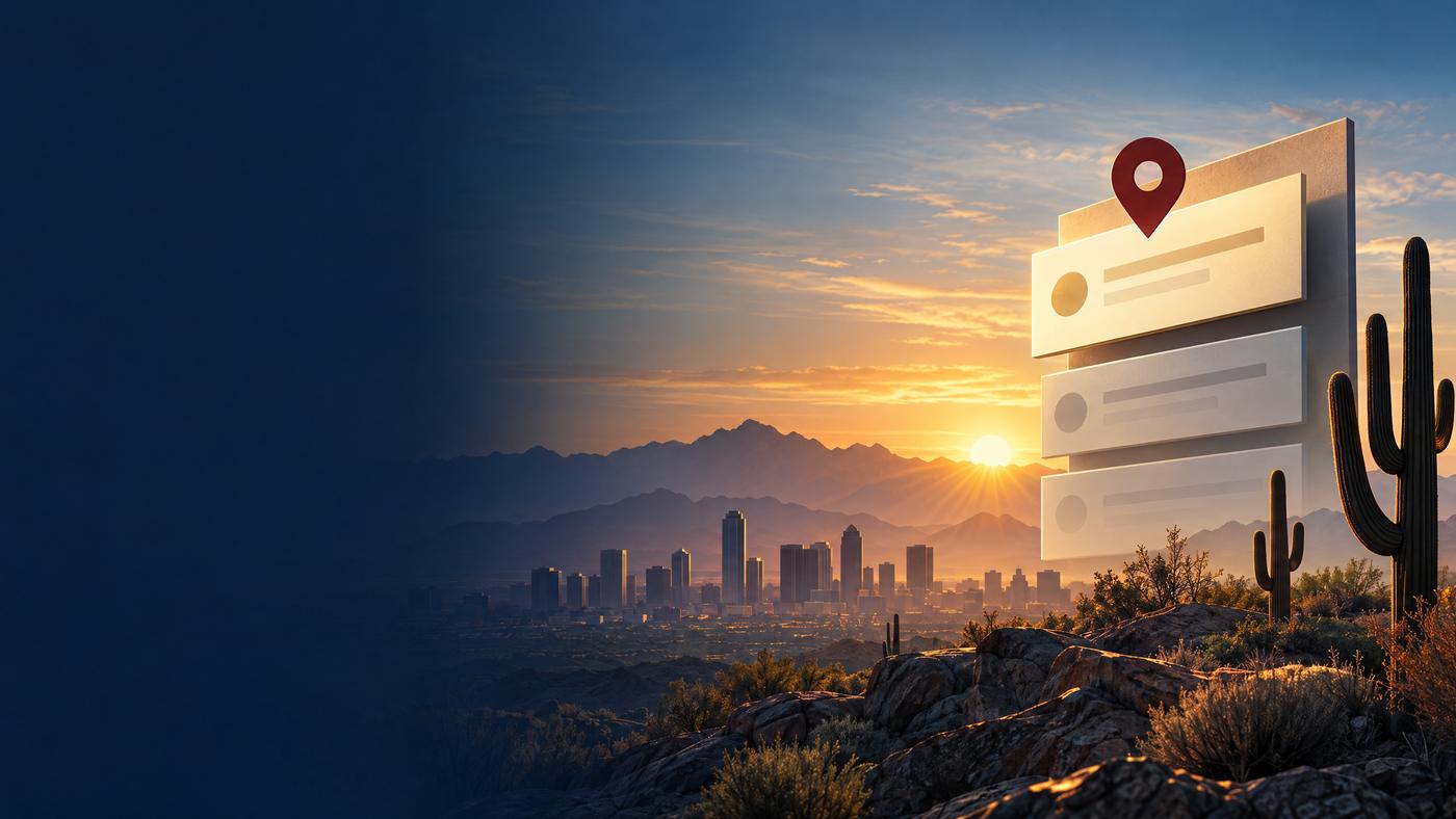 Abstract Arizona car accident legal directory placement illustration with Phoenix skyline