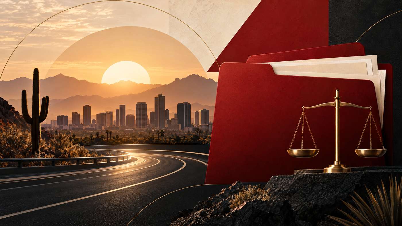 Abstract Phoenix auto accident settlement graphic with a desert sunrise, roadway, red document folders, and a balance motif.