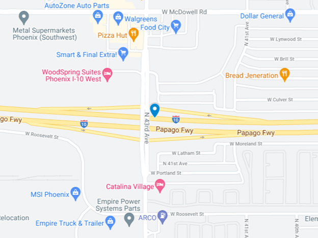 map showing I-10 at 43rd Avenue in Phoenix