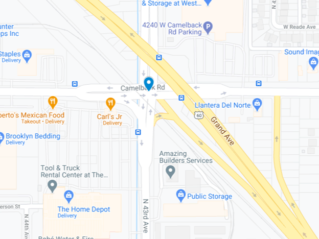 map showing intersection at 43rd Ave and Camelback Road